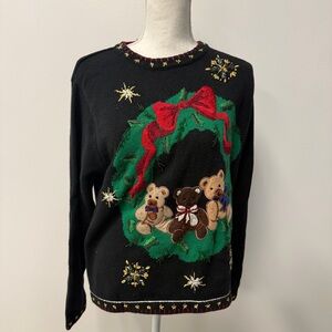 B.P. Design Vintage Black Christmas Sweater Wreath Teddy Bears Large Holiday